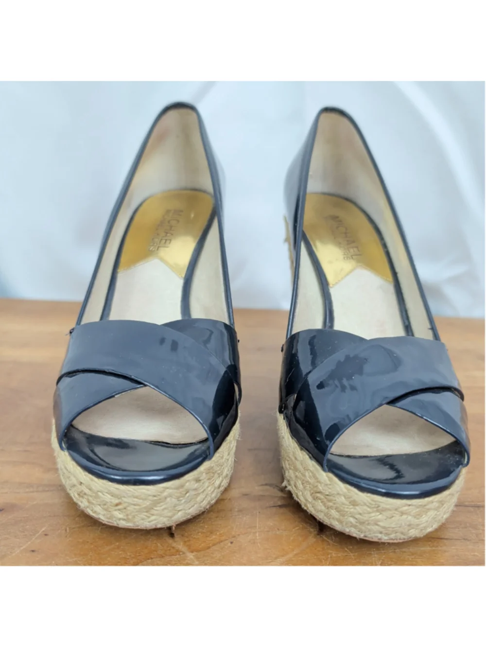 MICHAEL Michael Kors Black Patent Espadrille Wedge Sandals